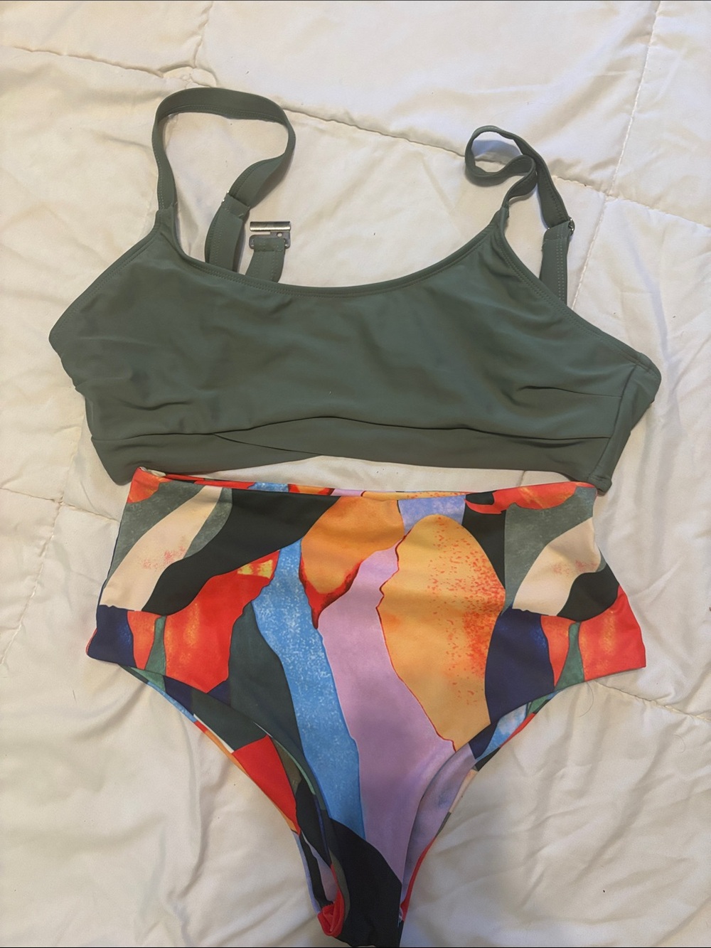 Olive Green Bikini Top + Multicolor High-Waist Bottoms